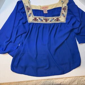 Flying Tomato Cobalt Blue Peasant Blouse with Cream Embroidered Yoke